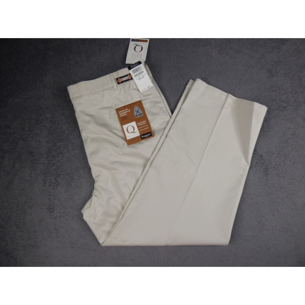 Haggar Work to Weekend Khaki Pants Mens 42x29 Pleated Expandable Waist Beige NEW